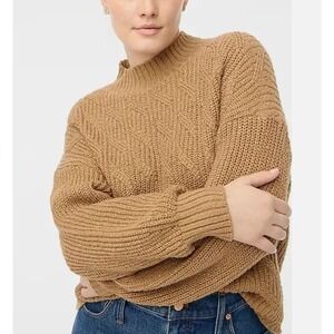 J Crew Mockneck‎ Cable Knit Boxy Sweater Cotton Blend Camel Brown Quiet Luxury S